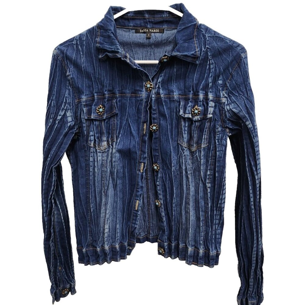Tania Nardi Womens Denim Jacket‎ Medium Blue Acid Wash Crinkle Grunge Outdoor